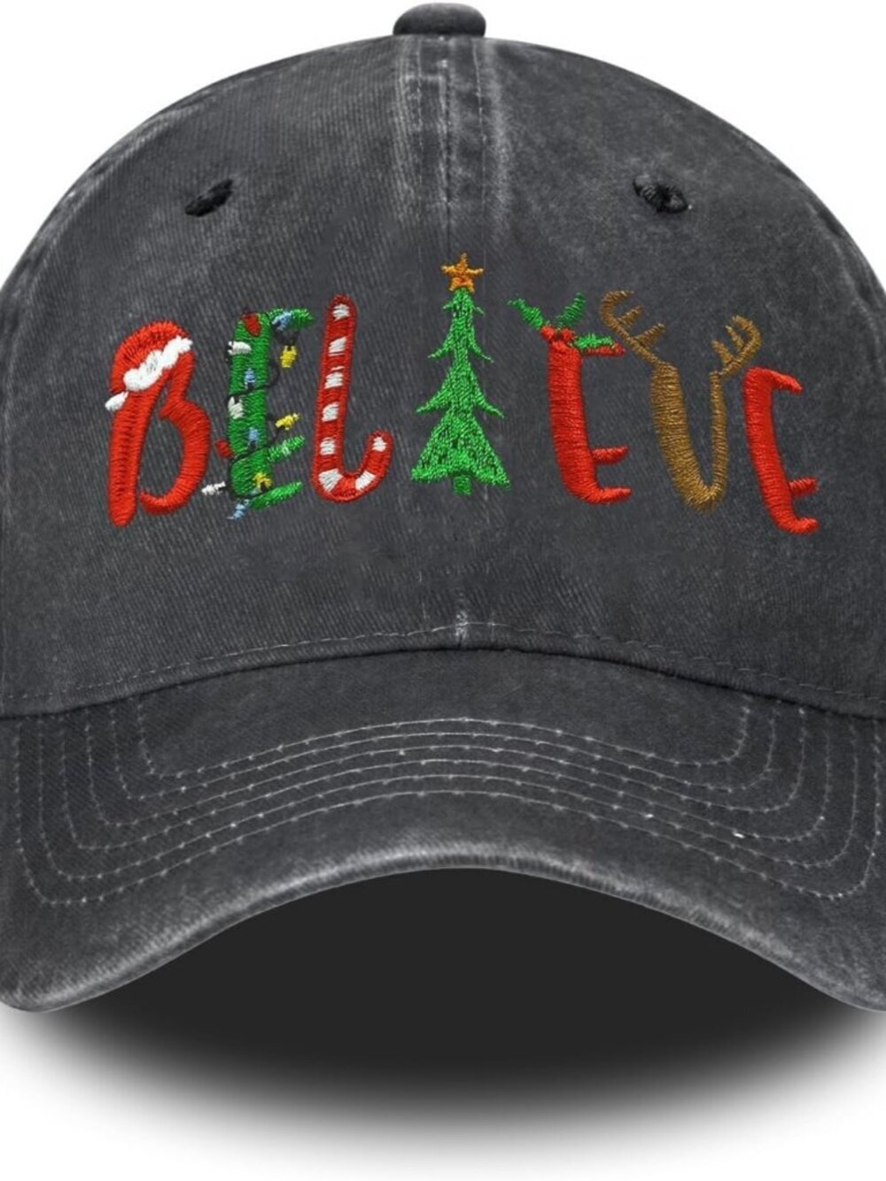 Women's Embroidery Adjustable Washed Distressed Casual Trucker Hat Christmas